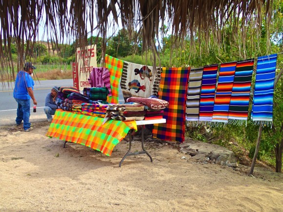 Mexican blankets sold outside our favorite fish taco stand in El Pescadero